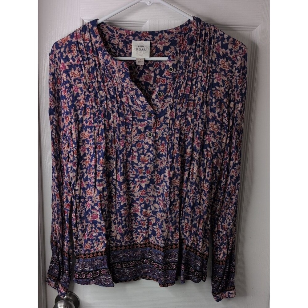Knox Rose Navy Floral Pintuck Henley Boho Blouse Size S